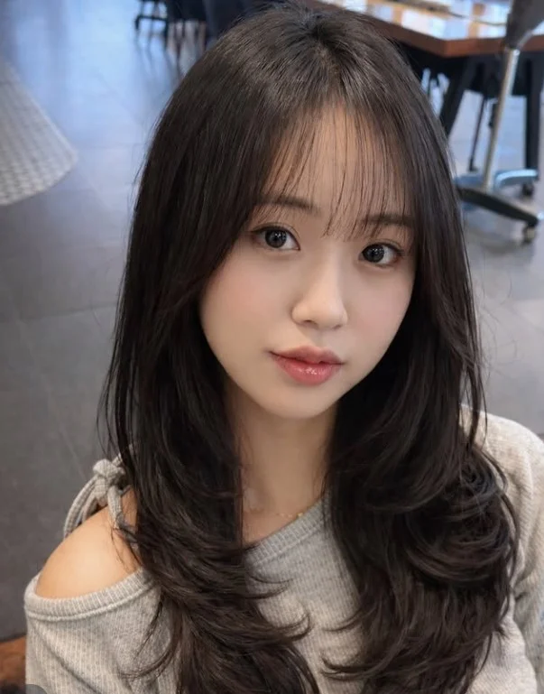 Classic korean wispy curtain bangs hairstyle soft airy face framing look