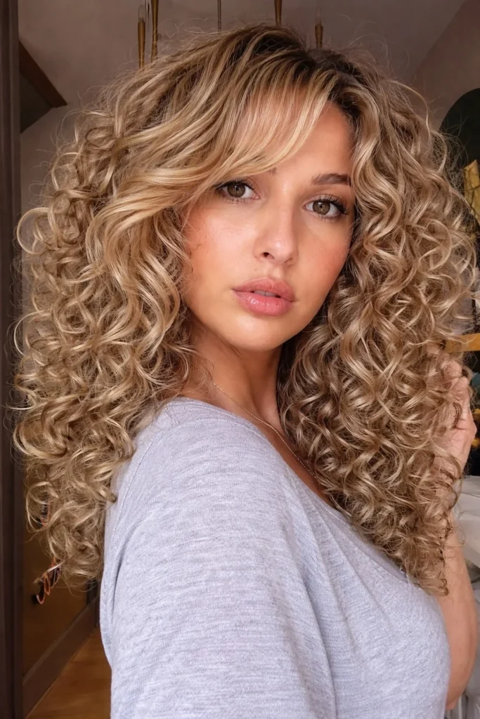 Curly blonde hairstyle with side bangs soft voluminous curls