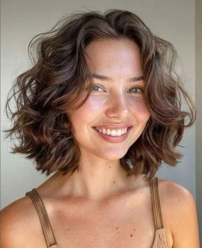 Curly bob hairstyle with side swept bangs trendy modern shape