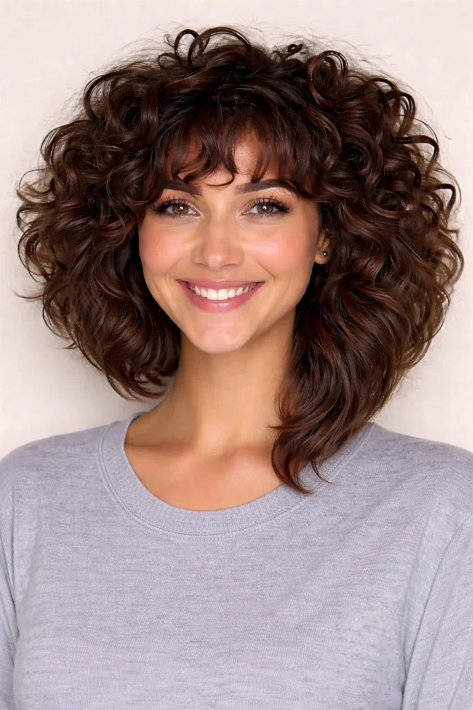 Curly inverted bob hairstyle with bangs lively textured style