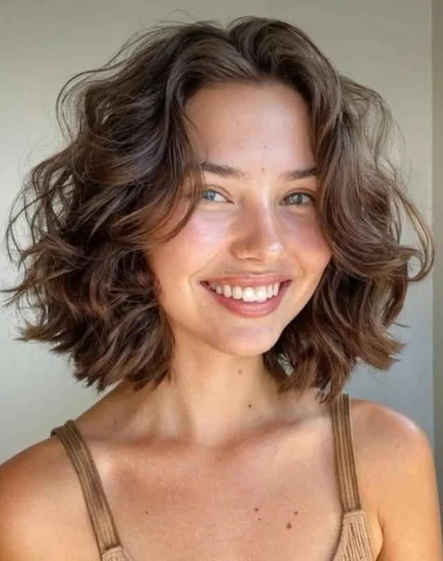 Curly layered bob hairstyle with side bangs natural volume style