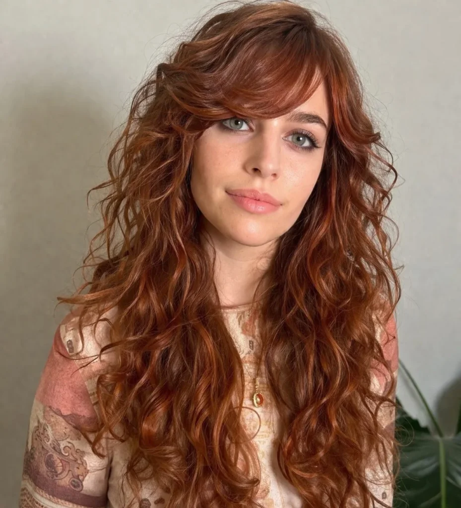 Layered curly hairstyle with side bangs adding volume and movement