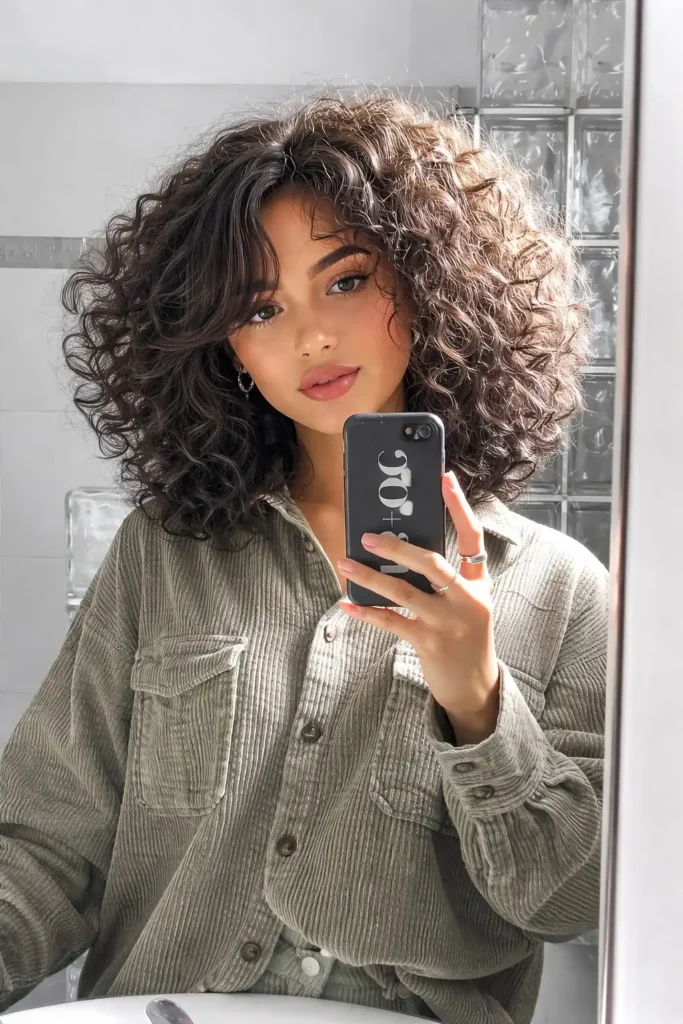 Curly short hairstyle with side swept bangs natural volume style