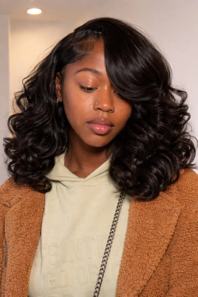 Deep side part curly hairstyle with side bangs dramatic style