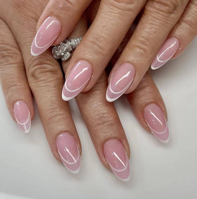 Double tip pink almond french nails design trendy nail art