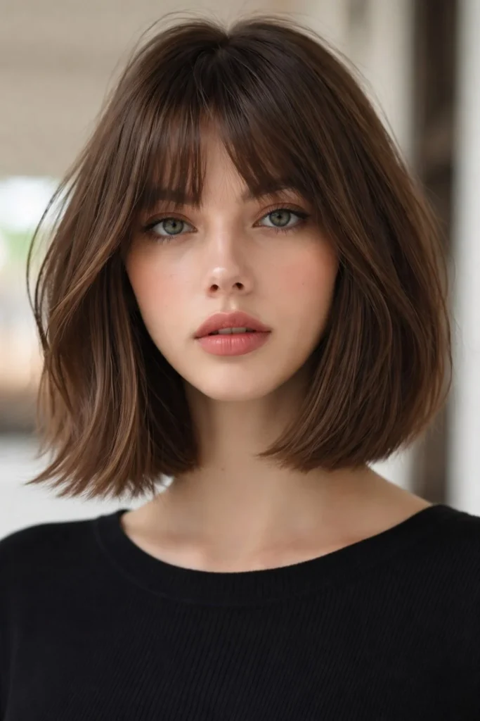 Face framing inverted bob hairstyle with bangs flattering haircut