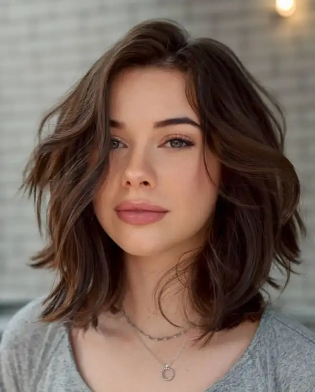 Face framing short hairstyle with side bangs soft flattering look