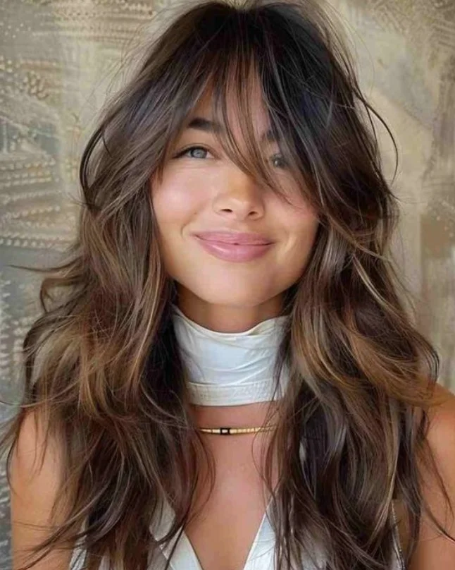 Feathered layers with bangs soft hairstyle for long face