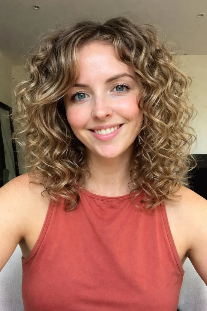 Fine curly hairstyle with side bangs adding volume and fullness