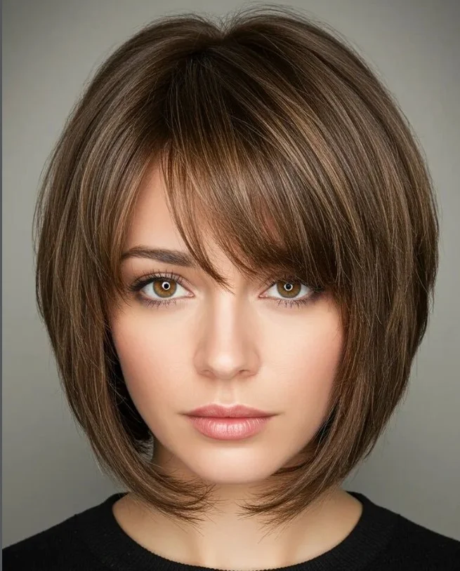 Fine hair inverted bob hairstyle with bangs fuller lifted look