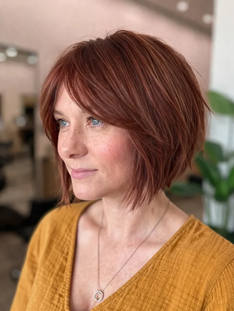 Fine hair layered bob hairstyle with side bangs volume boost look