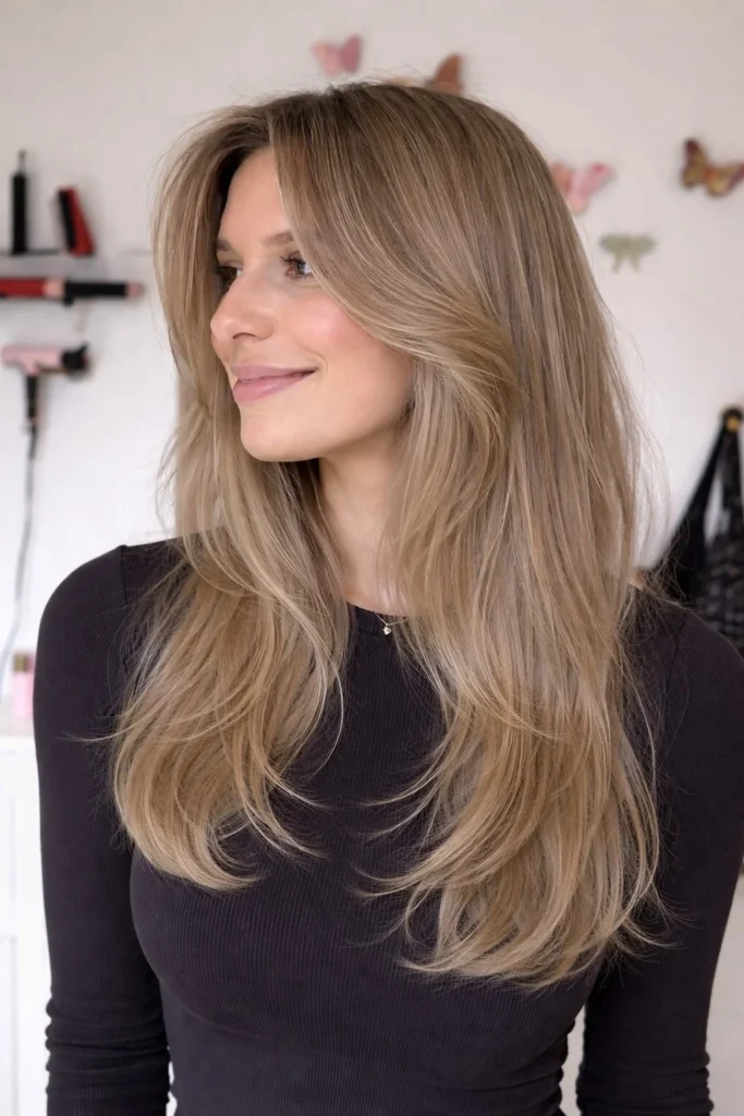 Fine hair layered hairstyle with curtain bangs fuller soft shape