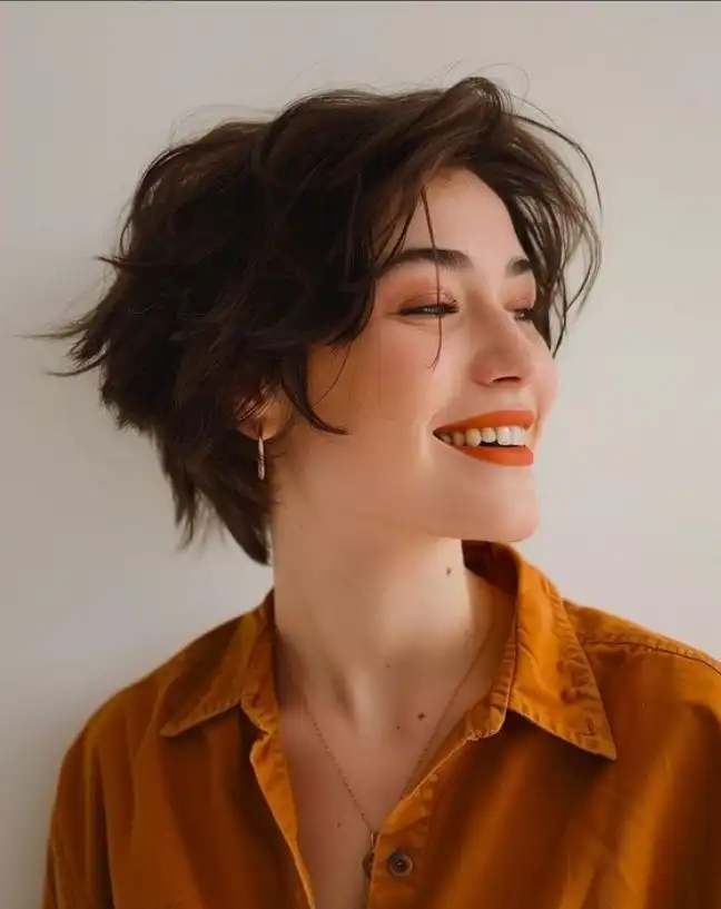 Fine hair short hairstyle with side bangs adding volume