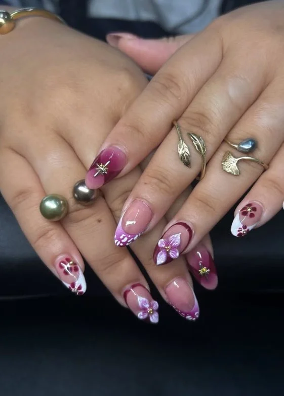 Floral pink and white ombre nails design romantic nail art