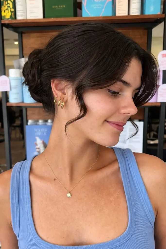 Formal bun hairstyle with side bangs classy polished style