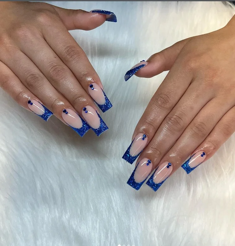 glitter blue french tip square nails sparkling style