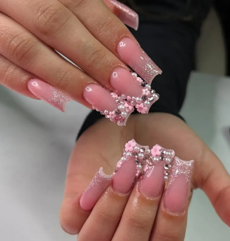 Glitter tip pink almond french nails design sparkly manicure