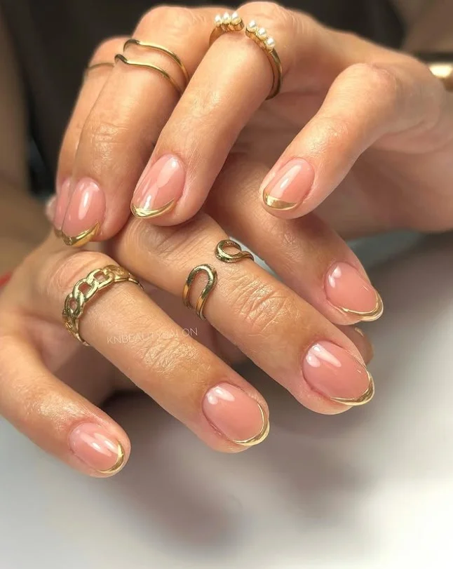 Gold line pink almond french nails design classy detail look