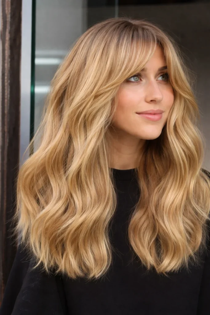 Golden blonde hairstyle with side fringe warm glowing style