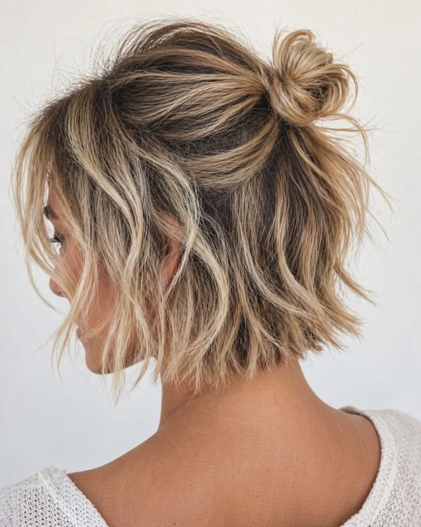 half up mini bun short hair beach hairstyle idea