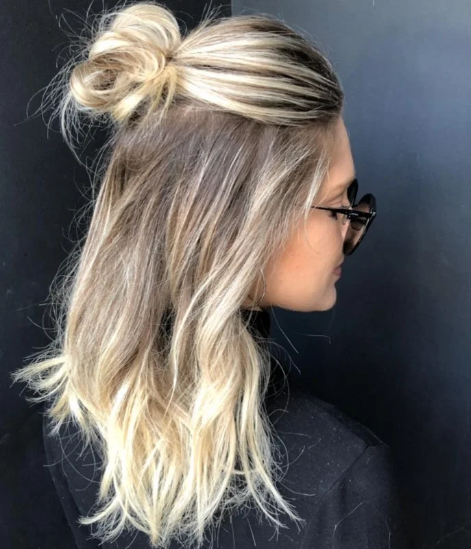 half up top knot beach hairstyle for long hair