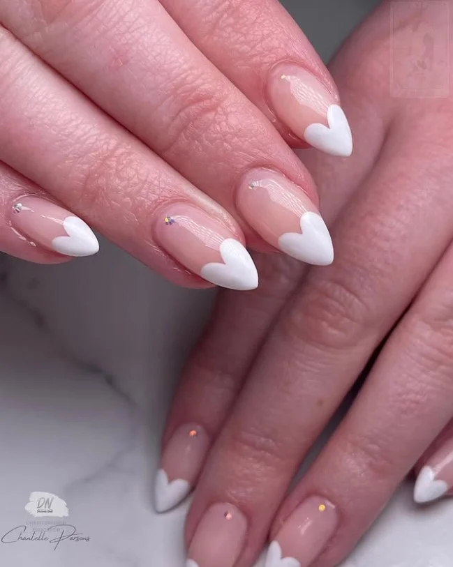 Heart detail pink almond french nails design cute manicure