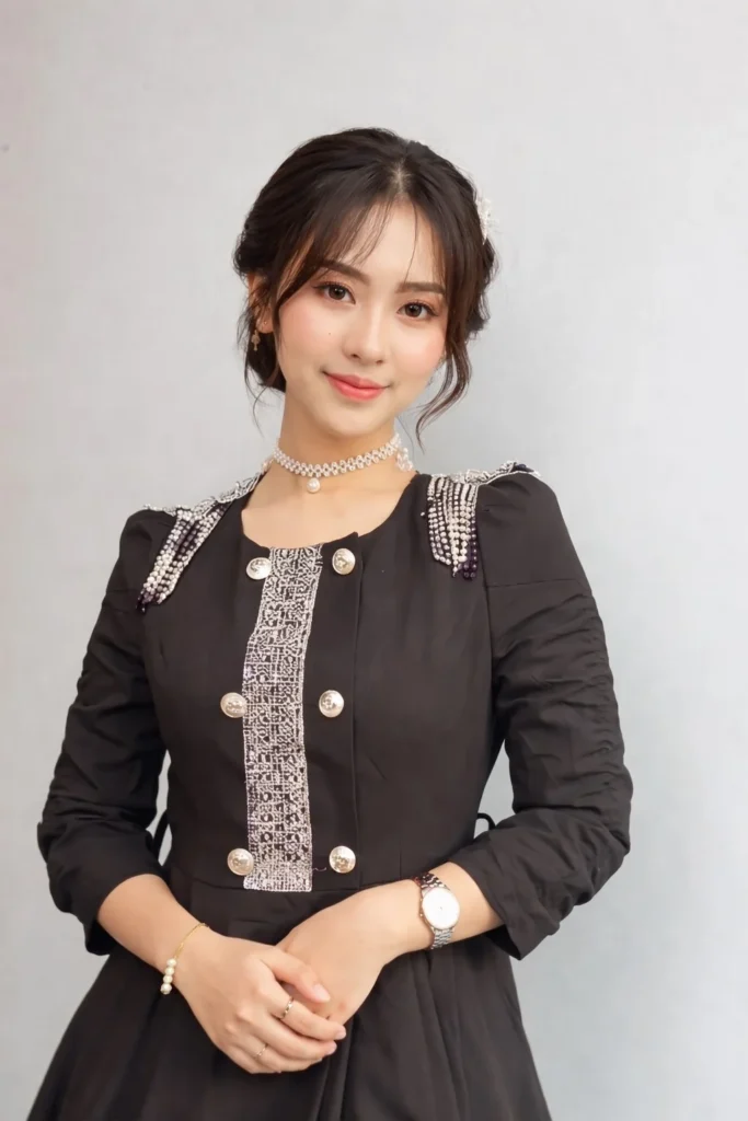 Korean updo with wispy curtain bangs polished elegant style