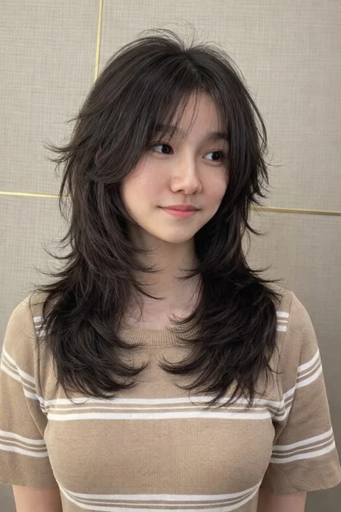 Korean wolf cut with wispy curtain bangs trendy textured look