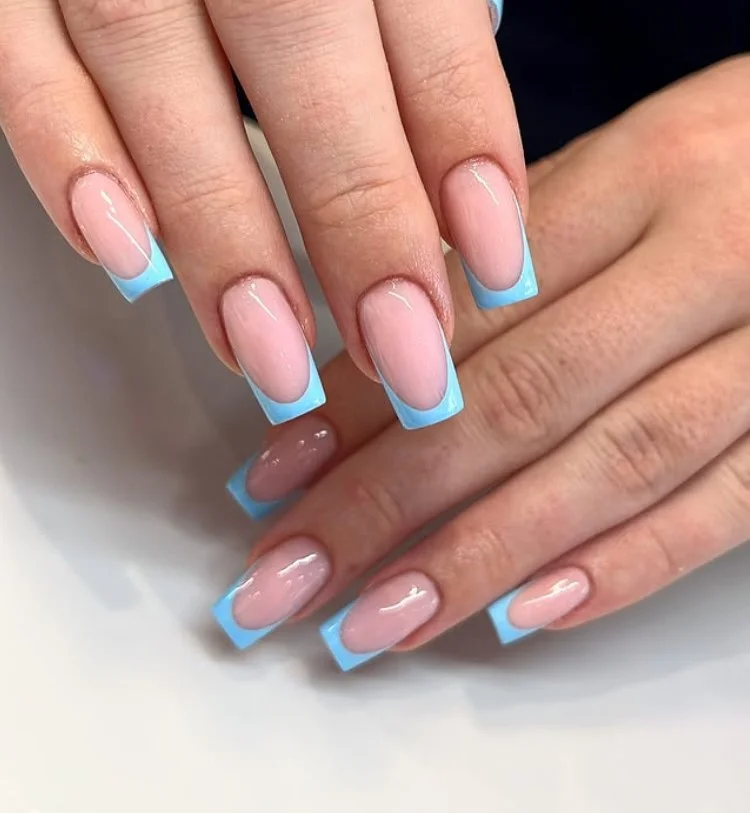 light blue French tip square nails soft elegant look