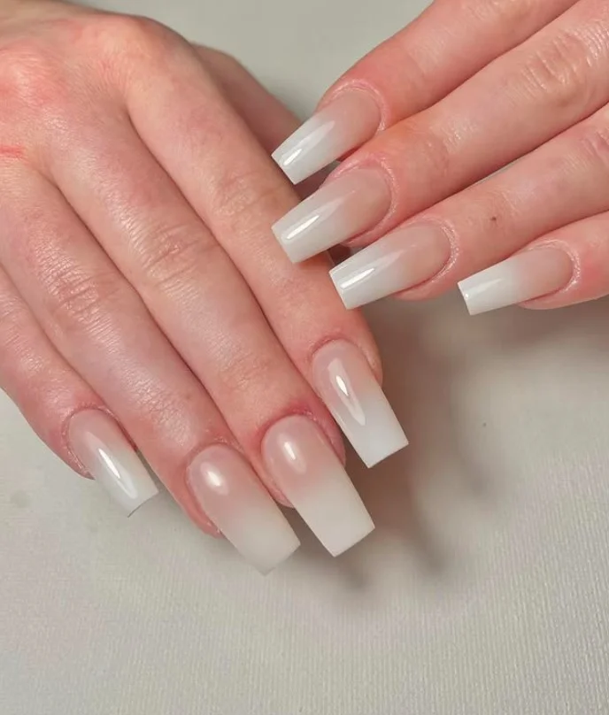 Long coffin pink and white ombre nails design trendy nail style