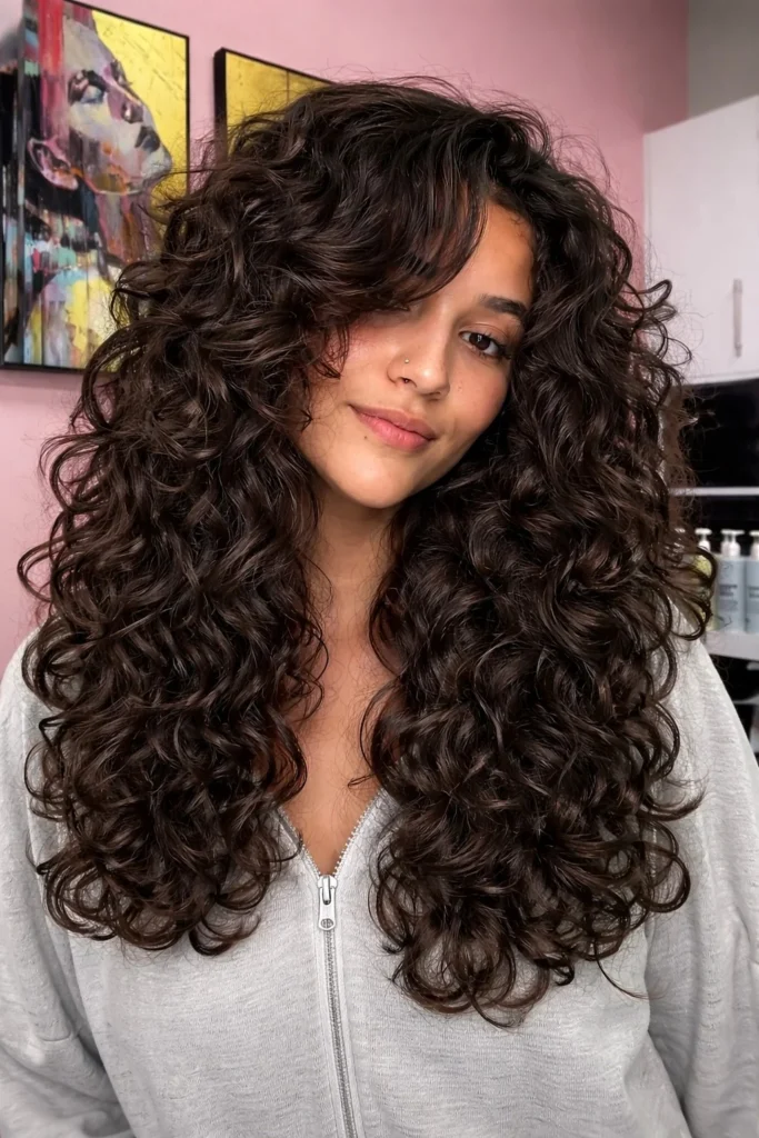 Long curly hairstyle with side bangs soft flowing curls look
