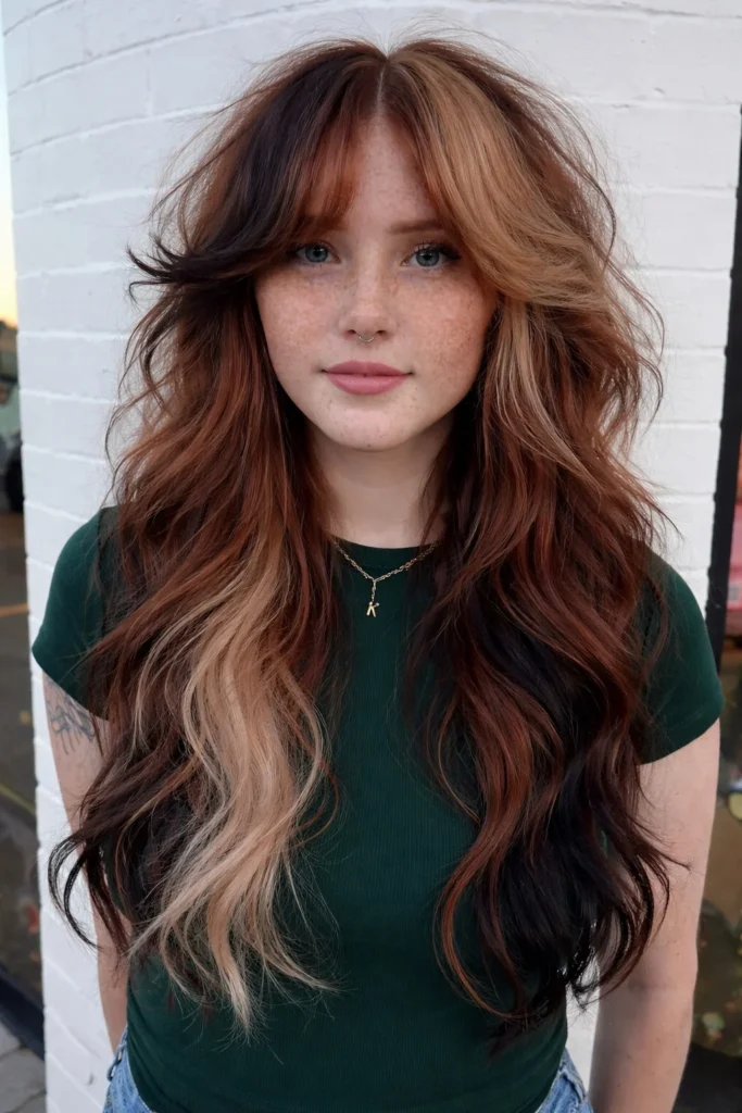 Long shag layered hairstyle with curtain bangs trendy modern style
