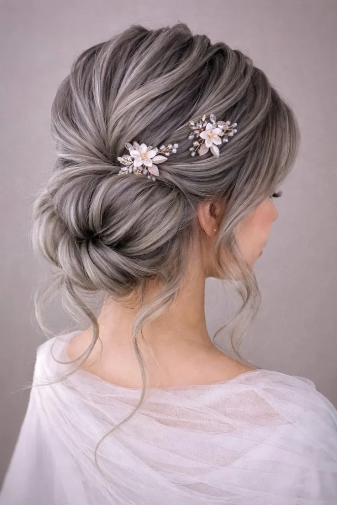 Loose bun hairstyle with side bangs romantic soft style