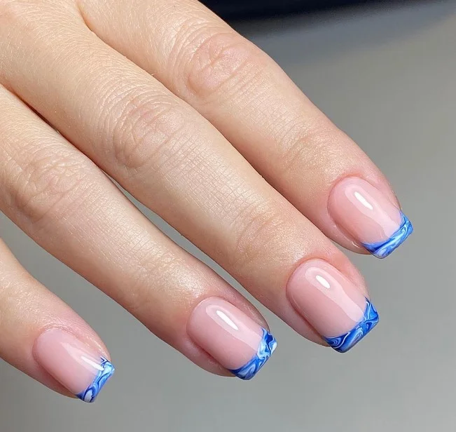 marble blue french tip square nails artistic look