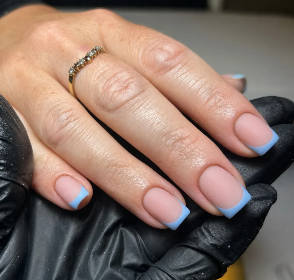 matte blue french tip square nails soft finish