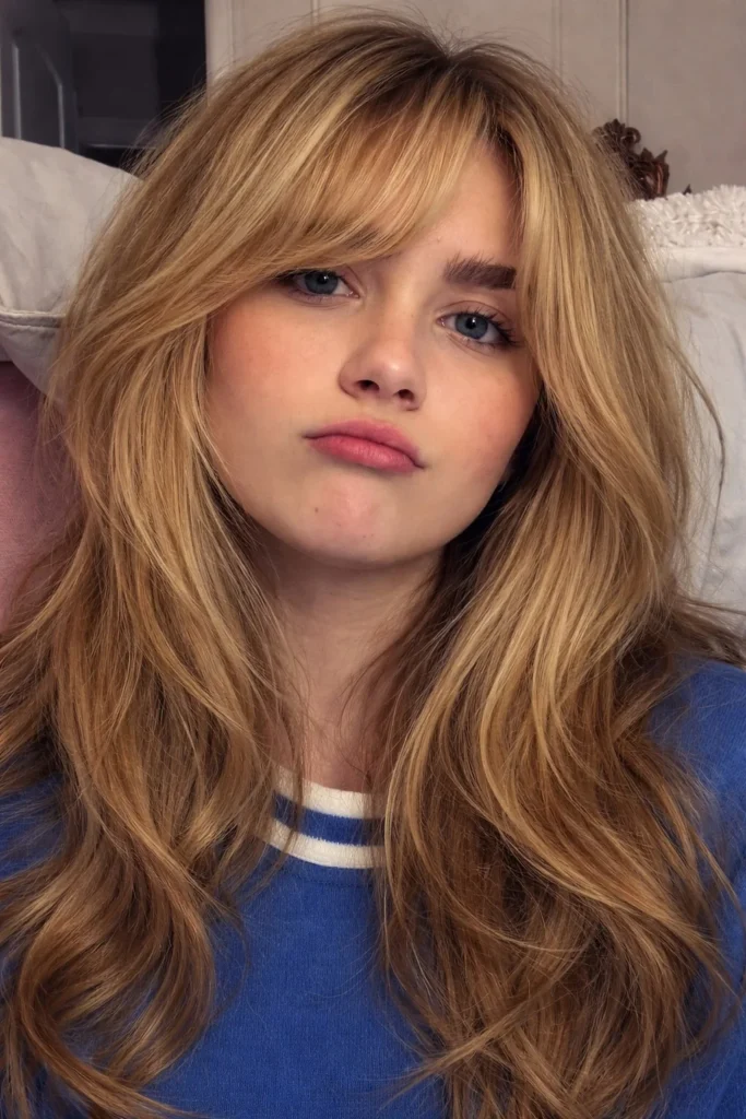 Messy blonde hairstyle with side fringe casual textured look