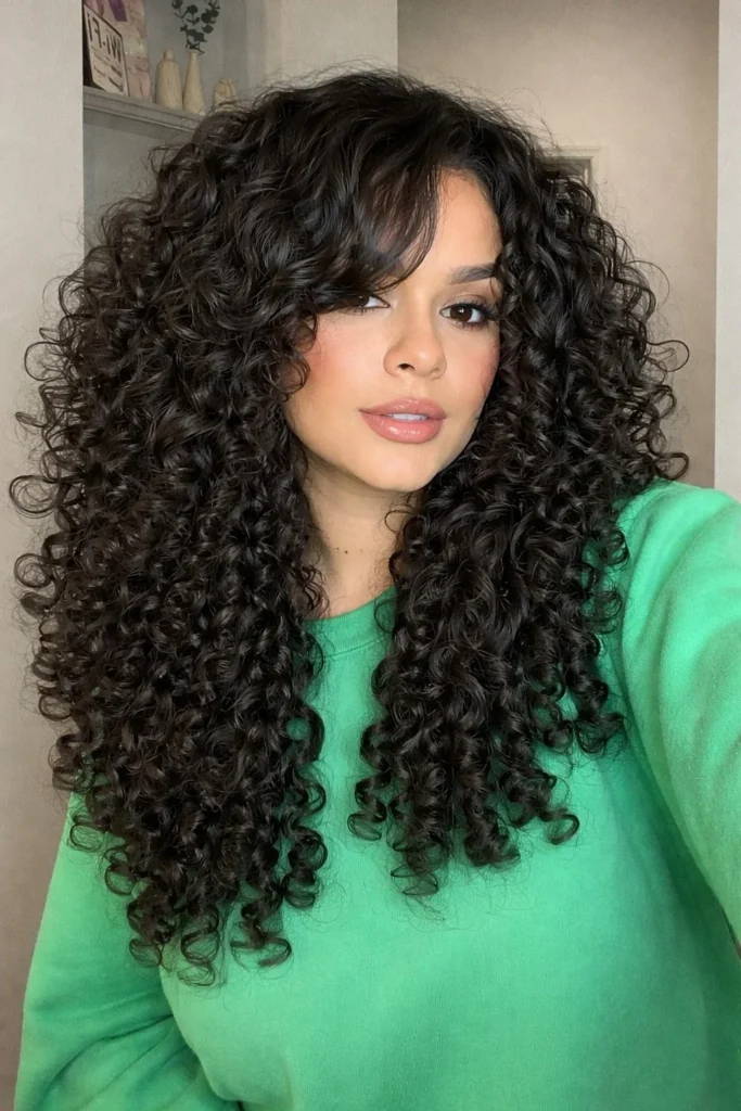 Messy curly hairstyle with side bangs casual effortless curls