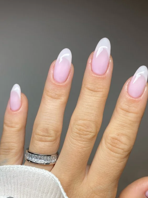 Milky pink almond french nails design soft elegant manicure