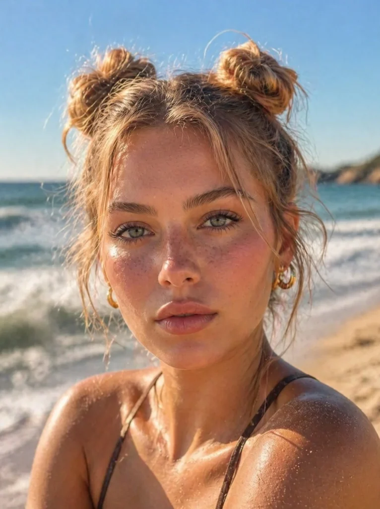 mini space buns short beach hairstyle fun summer look