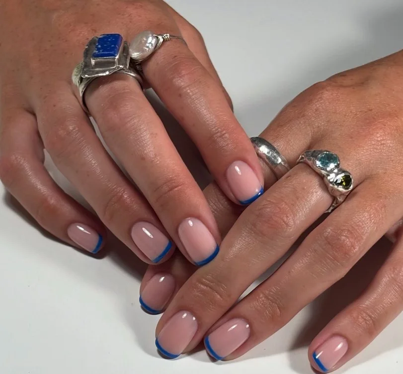 minimal blue French tip square nails clean style