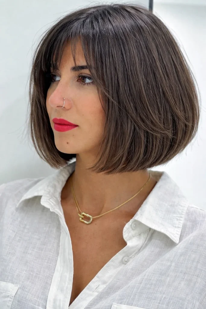 Minimal inverted bob hairstyle with bangs clean simple style