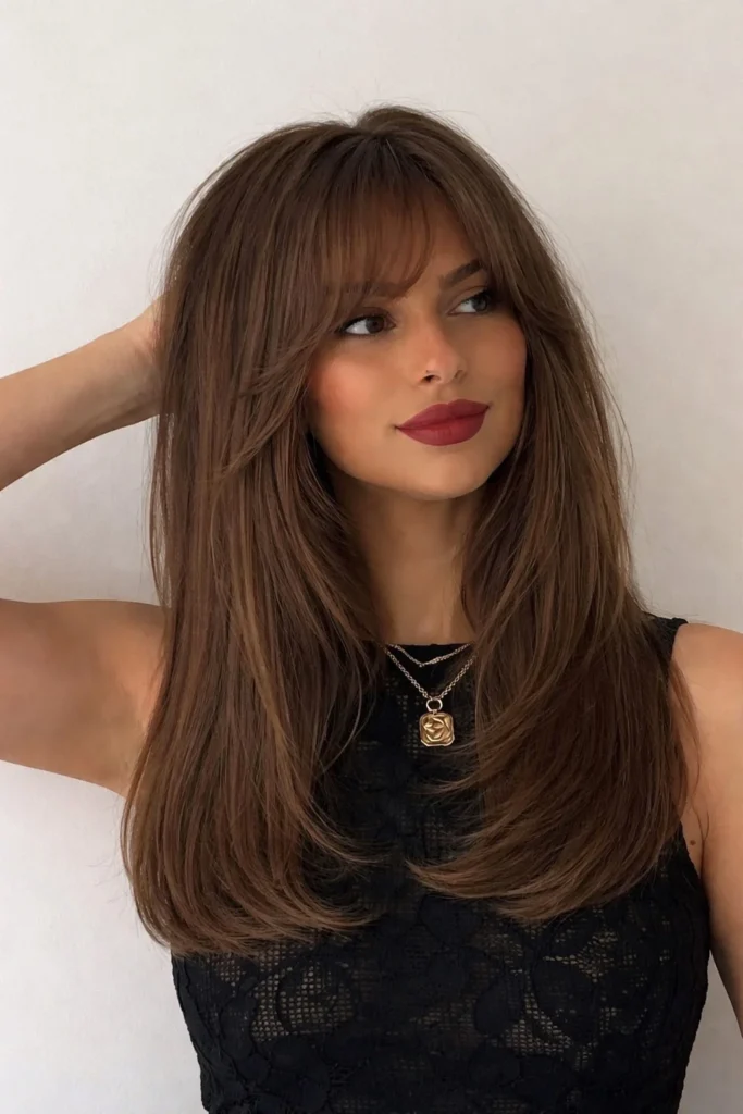 Minimal layered hairstyle with curtain bangs simple modern finish