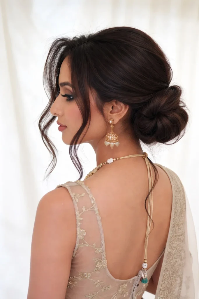 Modern bun hairstyle with side bangs stylish everyday finish