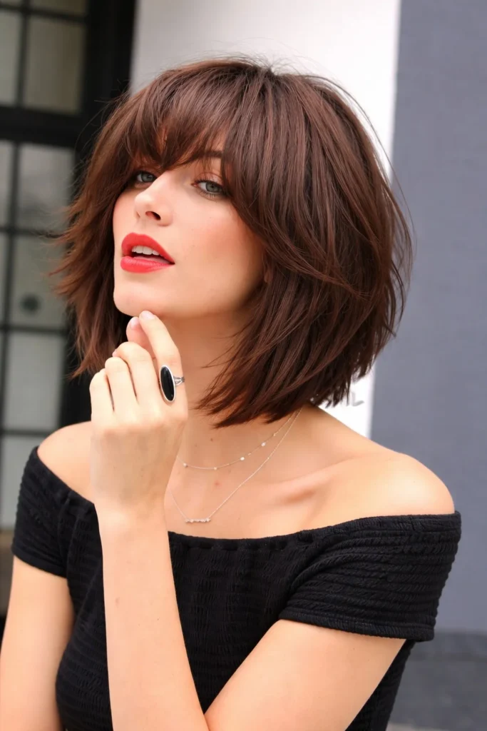 Modern long inverted bob hairstyle with bangs fresh chic look