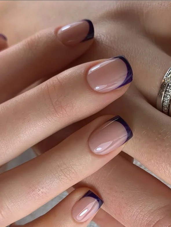 navy blue, French tip, square nails, classy design
