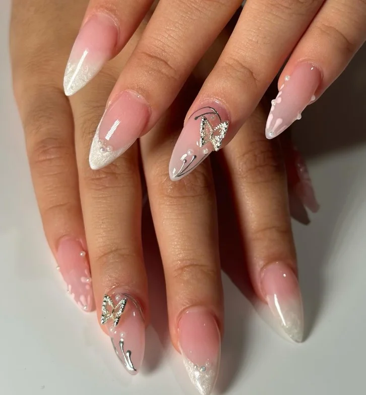 Pearl pink and white ombre nails design bridal soft shine look