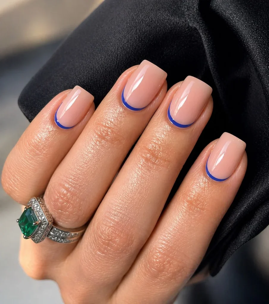 reverse blue french tip square nails modern style