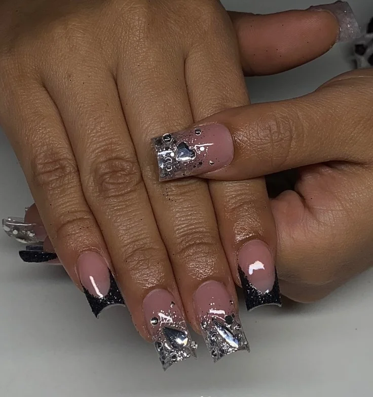 Rhinestone pink and white ombre nails design glamorous manicure