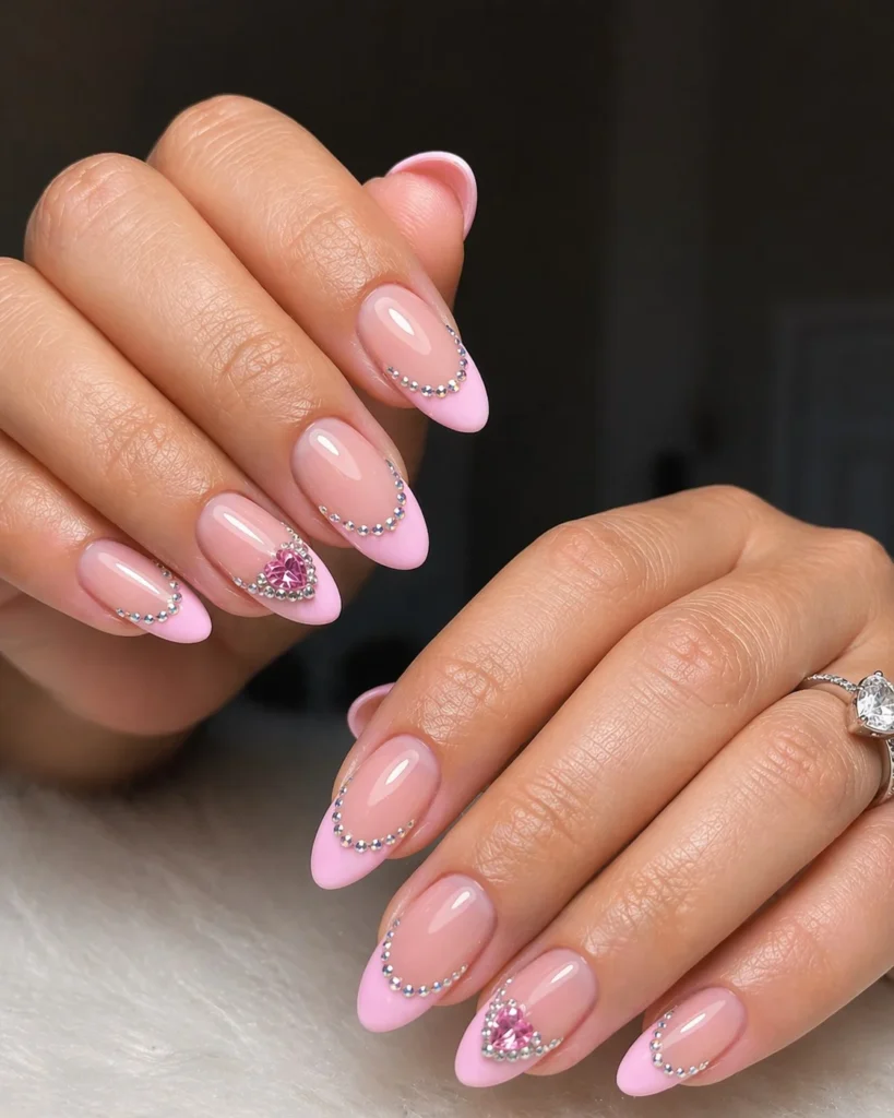 Rhinestone pink almond french nails design glamorous sparkle nails