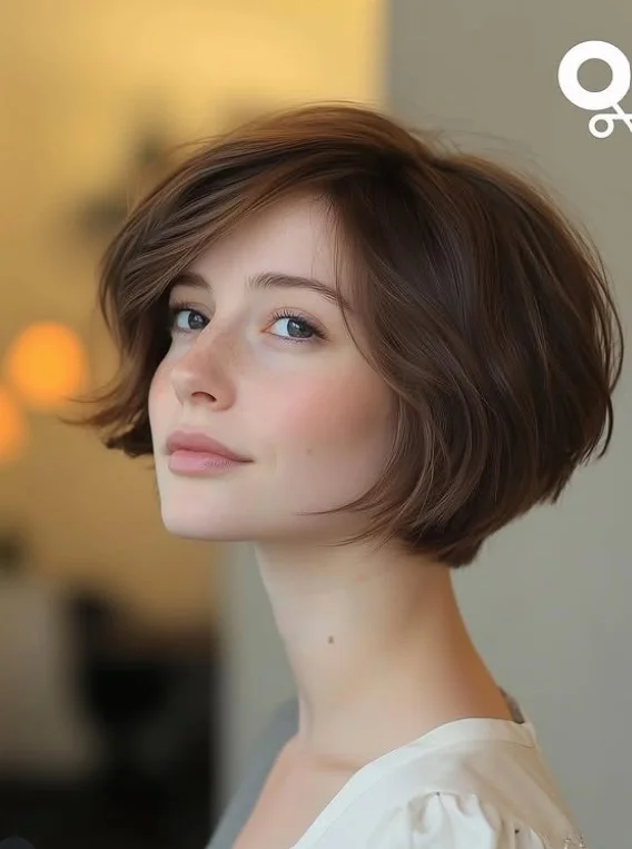 Short layered bob hairstyle with side bangs fresh youthful look